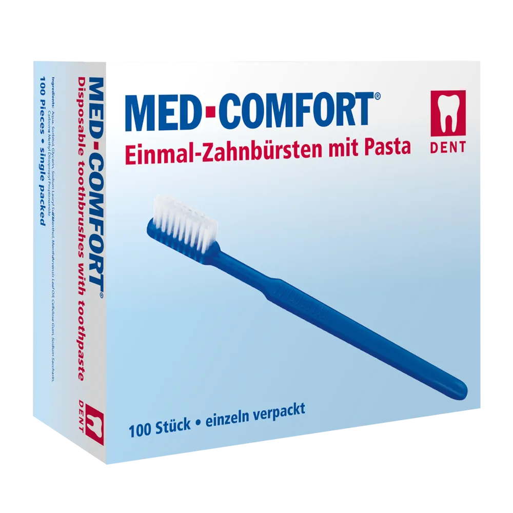 Dental PS Einmalzahnbürste mit Zahnpasta, Farbe blau, gelb, grün, lila, limette, grün, orange, pink, bordeaux, rot, 15 x 2,6 cm, Med-Comfort: Polystyrol Einwegzahnbürste für Reisen und den Gebrauch vor zahnärtzlichen Behandlungen als Dentalbedarf kaufen.