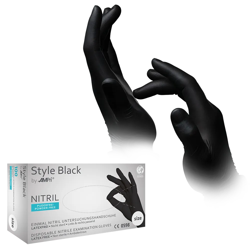 Nitrilhandschuhe, schwarz, Größe XS, S, M, L, XL, XXL, puderfrei, Style Black by Med-Comfort: Nitril Einmalhandschuhe als Schutzhandschuhe und Untersuchungshandschuhe aus farbigem Nitril kaufen.