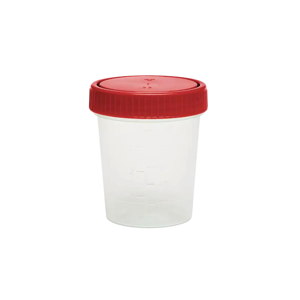 PP Urinsammelbehälter mit Schraubdeckel, 100 ml, Farbe transparent, milchig, rot