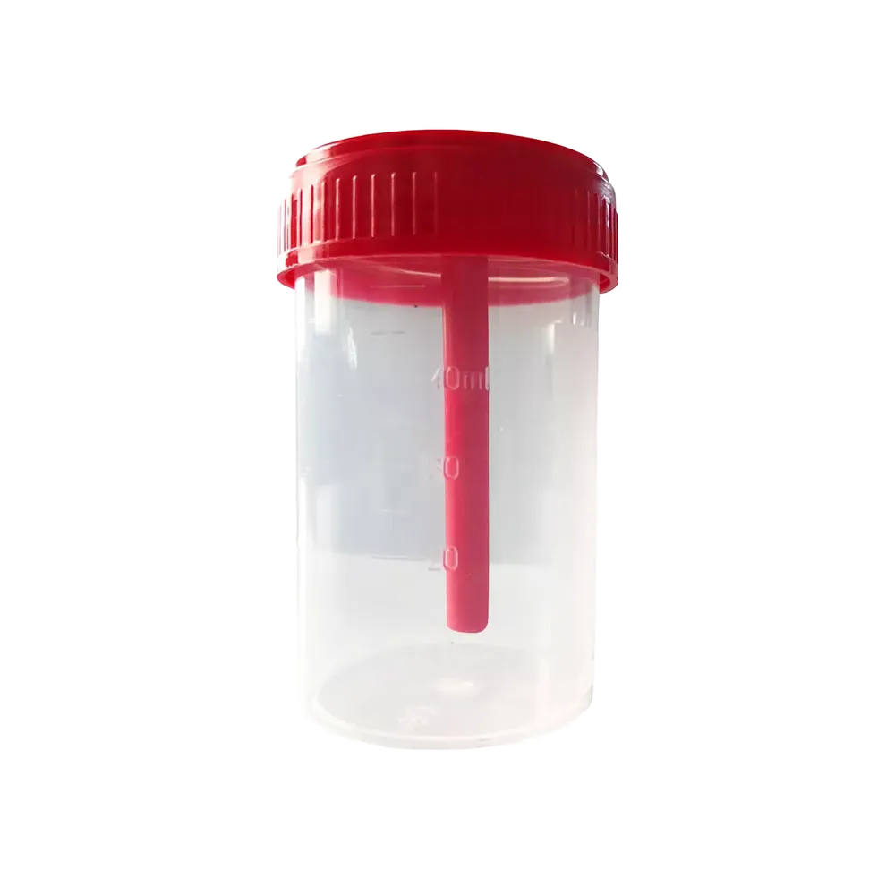 PP Stuhlsammelbehälter, 40 ml, transparent, milchig, rot mit PE Verschluss