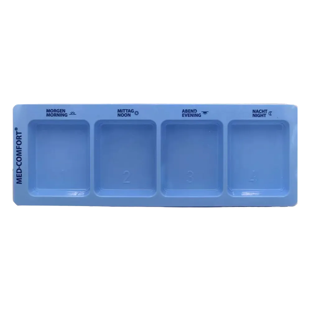 PP Einweg Medikamentendispenser, 4 Fächer, 22 x 8 x 2 cm, blau, Med-Comfort