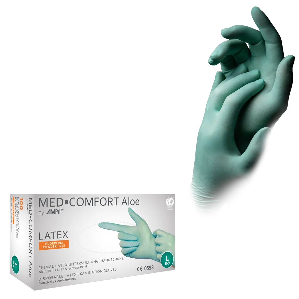 Latexhandschuhe, mintgrün, grün, Größe XL, puderfrei, Med-Comfort Aloe: Latex Einweghandschuhe als Untersuchungshandschuhe & Schutzhandschuhe kaufen.