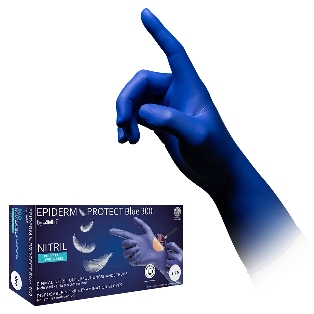 Nitrilhandschuhe, blau, Größe M, puderfrei, Epiderm Protect Blue 300 by Med-Comfort: Extralange, hautfreundliche Nitril Einmalhandschuhe als Schutzhandschuhe und Untersuchungshandschuhe aus Nitril kaufen.