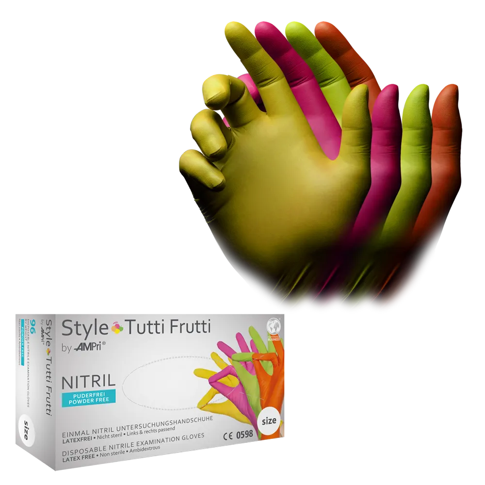 Nitrilhandschuhe, bunt, Farbenmix, Größe XL, puderfrei, Style tutti frutti by Med-Comfort: Nitril Einmalhandschuhe als Schutzhandschuhe und Untersuchungshandschuhe aus Nitril kaufen.