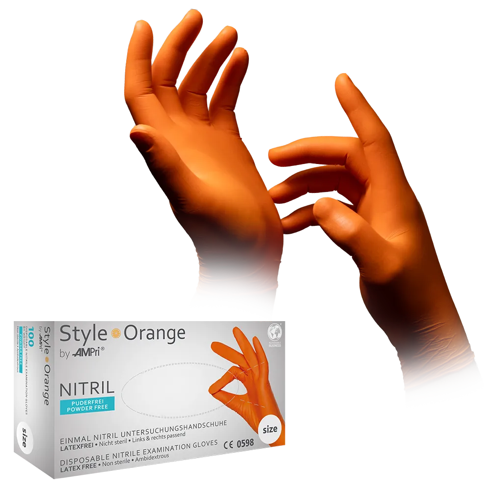 Nitrilhandschuhe, orange, Größe M, puderfrei, Style orange by Med-Comfort: Nitril Einmalhandschuhe als Schutzhandschuhe und Untersuchungshandschuhe aus farbigem Nitril kaufen.